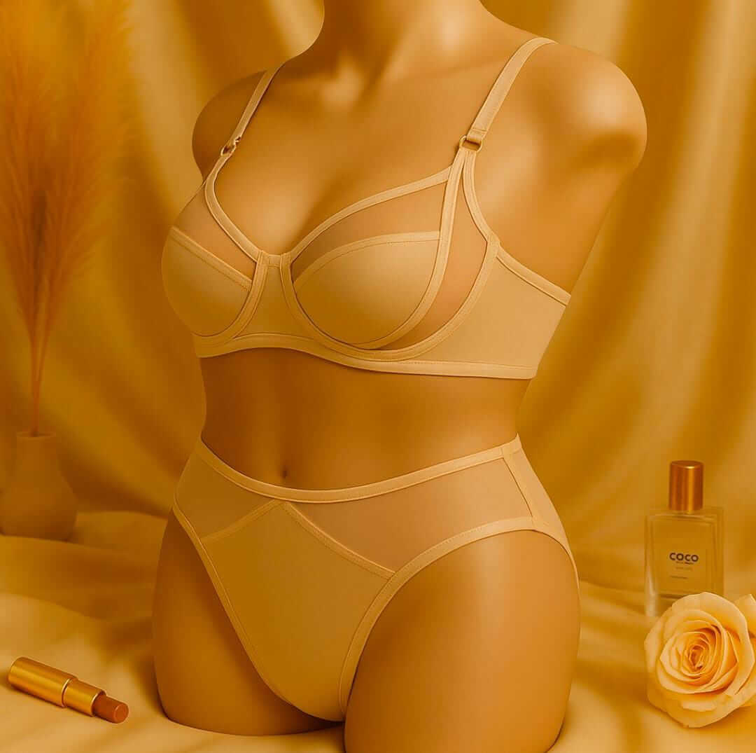 High Quality Thin Cup Soft Underwired Light Padded Metal Ring Straps Bra Panty Set (F)