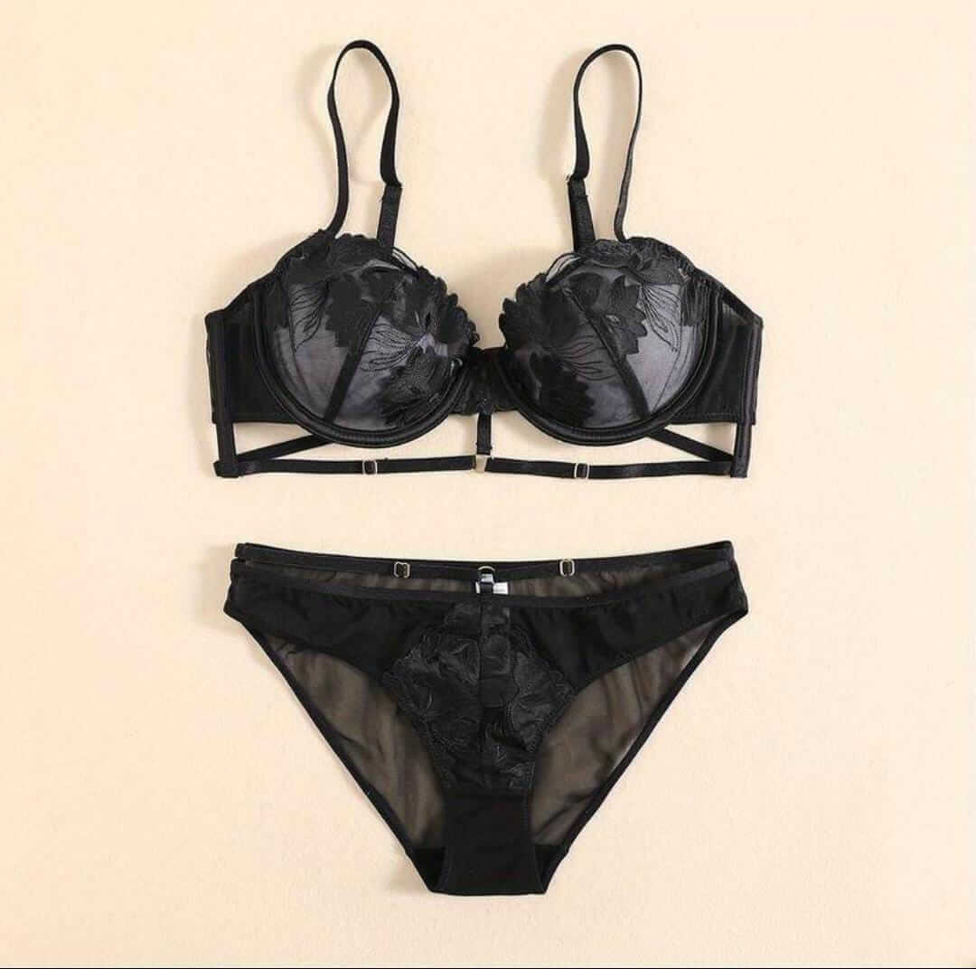 Floral Embroidered Bra & Panty Set | Lightly Padded Underwired Cups with Adjustable Straps