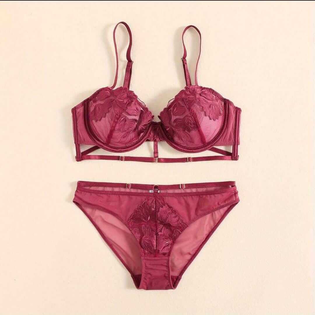 Floral Embroidered Bra & Panty Set | Lightly Padded Underwired Cups with Adjustable Straps