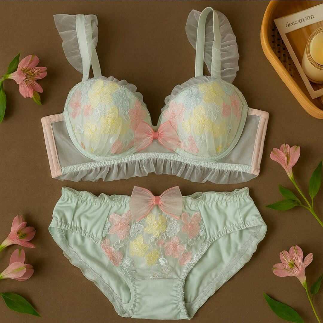 Embroidered Bra & Panty Set | Delicate Ruffle & Bow Design