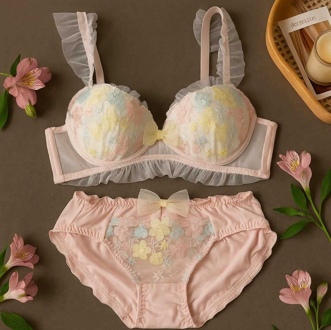 Embroidered Bra & Panty Set | Delicate Ruffle & Bow Design
