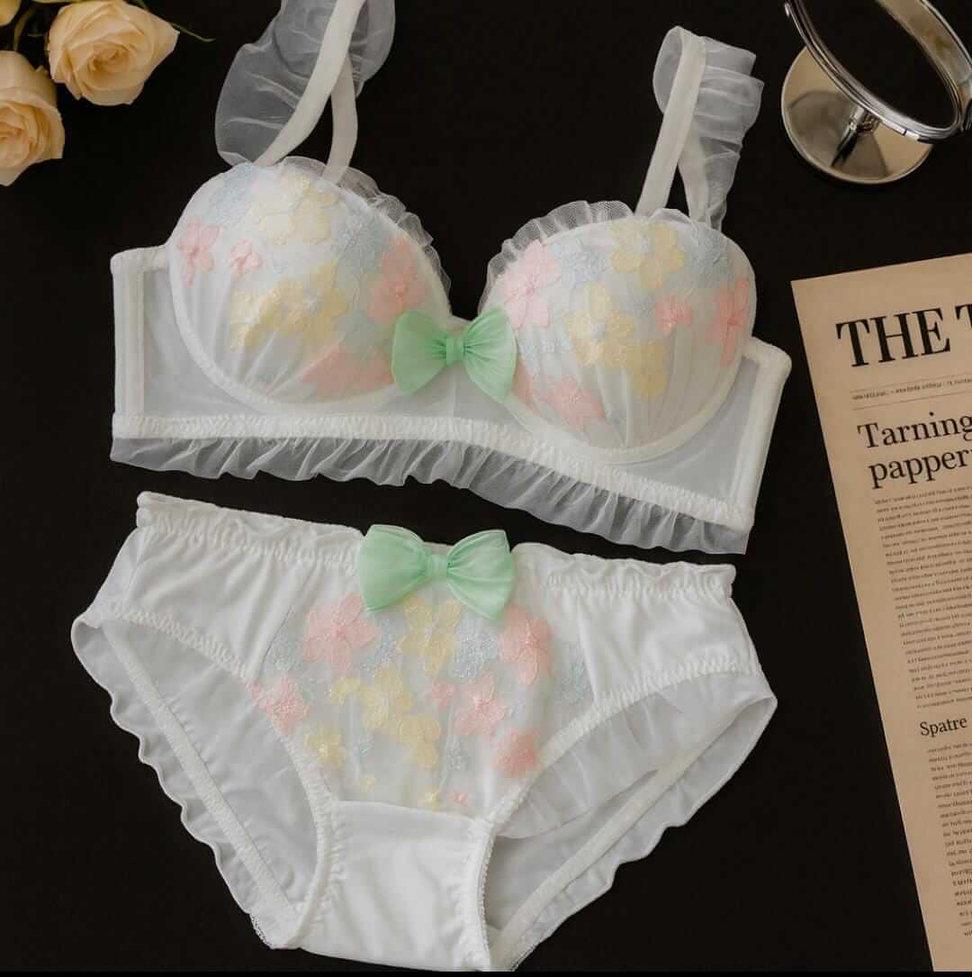 Embroidered Bra & Panty Set | Delicate Ruffle & Bow Design